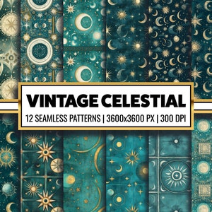 Vintage Himmlische Digitales Papier Gold Aquarell Nahtlose Muster Mystic Mond Textur Zodiac Galaxy Hintergrund für Scrapbook und Papier Handwerk