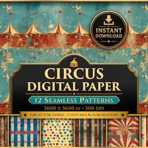 Vintage Circus Digital Paper: Seamless Carnival Patterns (PNG, 12x12in)