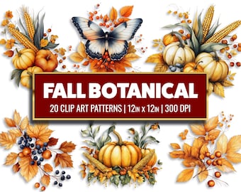Aquarell Herbst Botanische Clip Art: Herbstliche Blumen & Schmetterlinge Designs (PNG Digitales Papier)