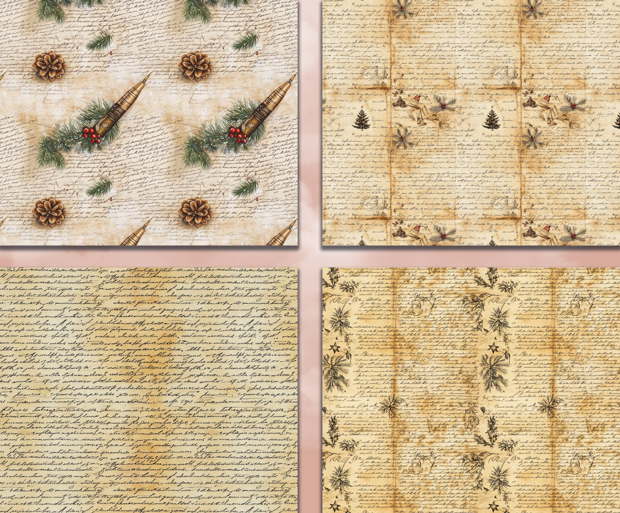 Christmas Vintage Script Digital Paper Writing Script Seamless Pattern ...
