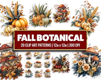 Herbst Botanische Clip Art: Aquarell Kürbis, Pilz, Blätter (Digitales Papier)