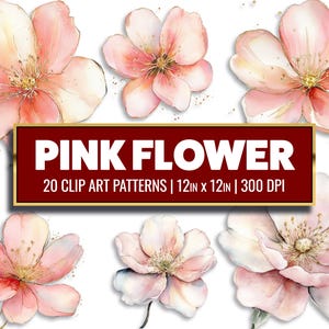 Clip art de flor rosa abstracta, papel digital de flor dorada, acuarela, papel imprimible floral rosa y dorado, papel para álbum de recortes, manualidades