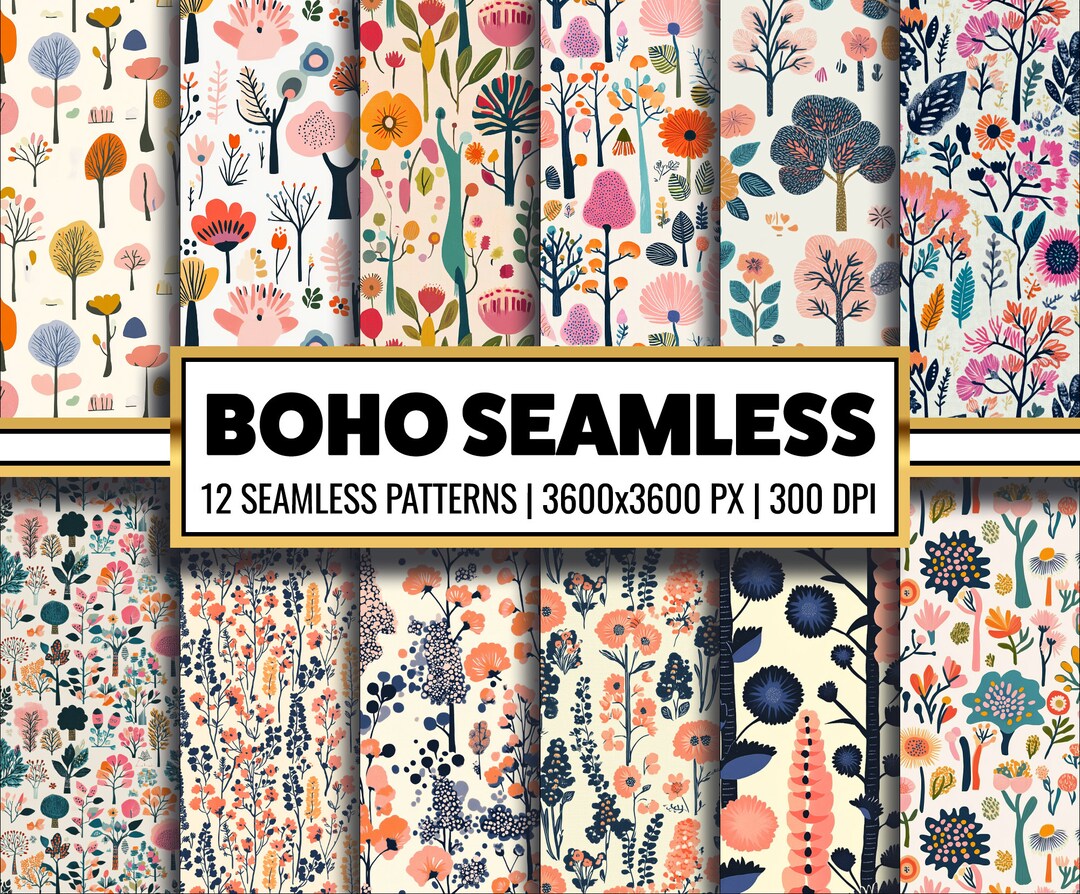 Boho Floral Seamless Pattern: 12 Digital Paper Backgrounds (PNG) - Etsy