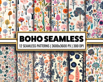 Boho Floral Seamless Pattern: 12 Digital Paper Backgrounds (PNG)