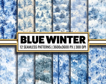 Blue Winter Woodland Digital Paper: Seamless Snowy Forest Pattern (Digital Download)
