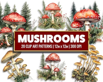 Watercolor Mushroom Clipart: 20 Toadstool Digital Papers (PNG)