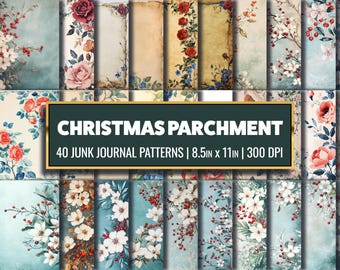 May include: 40 digital paper patterns featuring a Christmas theme with floral designs, parchment paper, and a vintage aesthetic. The papers are 8.5 inches by 11 inches and 300 DPI.