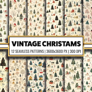 Vintage Christmas Tree Digital Paper Holiday Tree Seamless Pattern do sublimacji tkanin i tapet projektowych