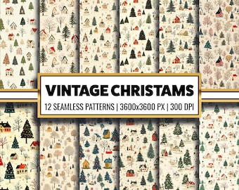 May include: Twelve seamless patterns featuring a vintage Christmas theme. The patterns include illustrations of houses, trees, and snowmen in a variety of colours, including red, green, blue, and white. The patterns are perfect for creating festive crafts, wrapping paper, and other holiday projects.