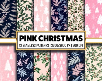Pink Christmas Digital Paper Pack: 12 Xmas Seamless Patterns (PNG)