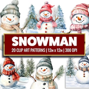 Vintage Snowman Clip Art Winter Snowman Digital Paper Watercolor Snowman Printable PNG Paper Craft Scrapbook Junk Journal Holiday Design