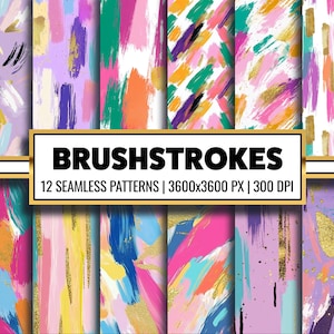 May include: Twelve seamless digital paper patterns featuring abstract brushstrokes in pink, purple, blue, green, orange, and yellow with gold accents.  The patterns are 3600x3600 pixels and 300 DPI.
