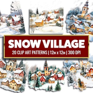 Christmas Village Clipart Snow Village Printable PNG Watercolor Graphic Town Ornament Scrapbook Supply Watercolor Clipart