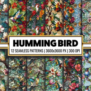 3D-Kolibri-Buntglas-Digital-Papier-Buntglas-nahtlose Muster-Vogel-Junk-Journal-Versorgungsmaterial