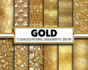 May include: Twelve seamless gold patterns, each 3600x3600 pixels, 300 DPI. The patterns include various textures, such as cracked, textured, and geometric.