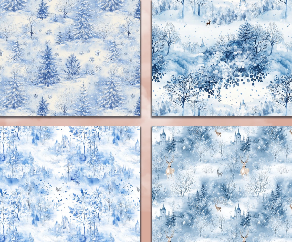 Blue Winter Woodland Digital Paper: Seamless Snowy Forest Pattern ...