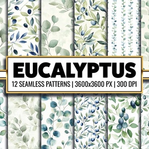 Eucalyptus Watercolor Digital Paper: Seamless Floral Patterns (PNG)