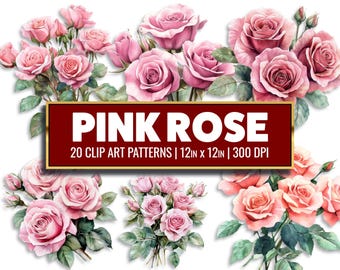 May include: A set of 20 watercolor clip art patterns featuring pink roses. Each pattern is 12 inches by 12 inches and 300 DPI.