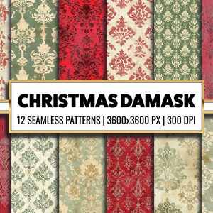 Carta digitale damascata natalizia, motivo rosso e verde senza soluzione di continuità, carta damascata shabby, stampabile, PNG, sfondo damascato grunge consumato