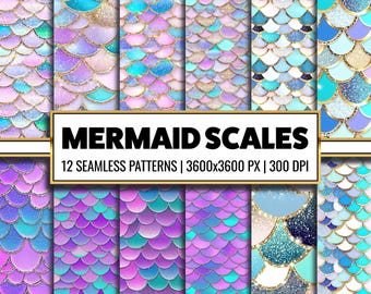 May include: Twelve seamless patterns featuring mermaid scales in shades of blue, purple, and pink with gold glitter accents. The patterns are 3600x3600 pixels and 300 DPI.