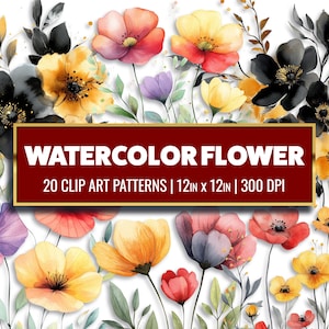 Clip Art de flores em aquarela Vários papéis digitais de flores Flores abstratas Papel para impressão Artesanato em aquarela Scrapbook Diário de sucata Suprimentos