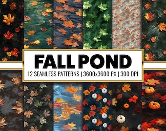 May include: Twelve seamless patterns featuring autumn leaves and pumpkins in a pond setting. The patterns are 3600x3600 pixels and 300 DPI. The text "FALL POND" is displayed in a banner across the top of the image.