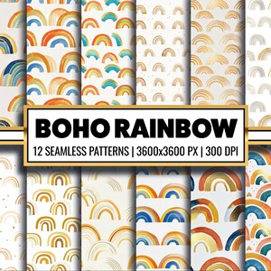 Op de afbeelding: Twaalf naadloze patronen met kleurrijke regenbogen met gouden accenten op een witte achtergrond. De tekst "BOHO RAINBOW 12 SEAMLESS PATTERNS | 3600x3600 PX | 300 DPI" wordt weergegeven in een gouden frame.