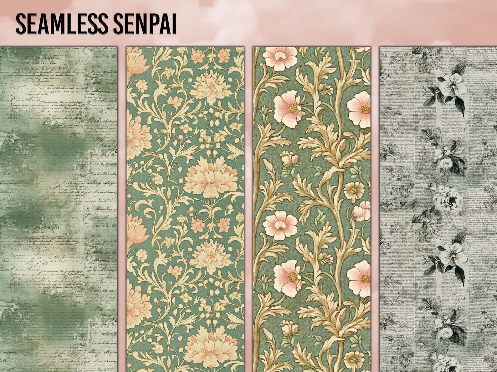 Sage Green Script Paper Pack: Botanical Seamless Patterns (digital ...