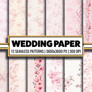Paquet de papier de mariée pour mariage, rose poudré, papier numérique de mariage, modèle sans couture pastel romantique, bouquet de fleurs, bloc-notes de mariée, agenda rose