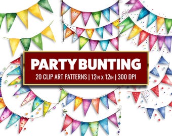 Watercolor Party Bunting Clipart: Birthday Flags, Scrapbook Bundle (PNG)