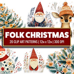 Noël folklorique Clip Art Noël scandinave papier numérique Noël Folk Illustration Scrapbooking vacances d'hiver Junk Journal Supply