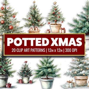 Potted Christmas Tree Clip Art Xmas Tree Digital Paper Watercolor Christmas Tree Printable Scrapbook Paper Craft Junk Journal Supply
