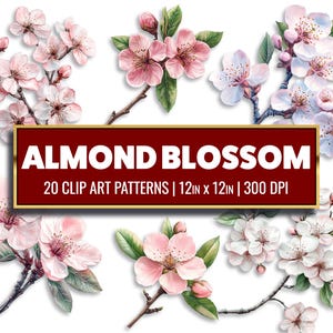 Mandelblomma akvarell Clipart: Rosa blommor papperspyssel (digital nedladdning)