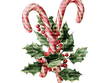 Clipart z laskami cukrowymi na Boże Narodzenie, akwarela, papier do rękodzieła w stylu świątecznym, cukierki, PNG (pobieranie cyfrowe)