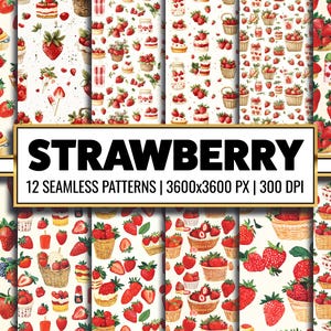 Papel digital de acuarela de fresa, patrón sin costuras de fresa, papel imprimible de frutos rojos, acuarela de frutas, suministros para diarios basura