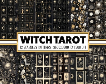 Digitalt papper med tarotkort för häxor: Mörkt gotiskt sömlöst mönster (12x12 PNG)