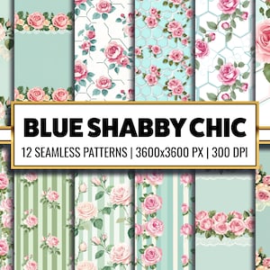 Blauw shabby chic afdrukbaar papier PNG vintage bloemen digitaal papier rozenbloem kinderkamer behang Frans tuinhuisje voor plakboek