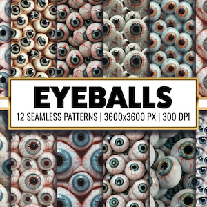 May include: Twelve seamless patterns featuring a repeating design of realistic-looking eyeballs with red veins and blue irises. The patterns are 3600x3600 pixels and 300 DPI.