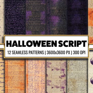 Papel digital vintage de Halloween com script envelhecido, pergaminho sem costura, papel cursivo, cartão de fundo, laranja, roxo, script, scrapbook, suprimentos