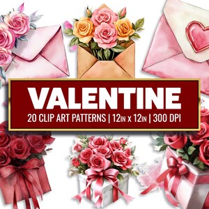 Clip art de sobre romántico, carta de San Valentín, papel digital, rosa, caja de regalo, papel imprimible, diseño de corazón, suministros para diario basura