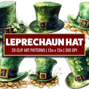 Leprechaun Hat Clip Art: Watercolor St. Patrick&#39;s Day Digital Paper (PNG)
