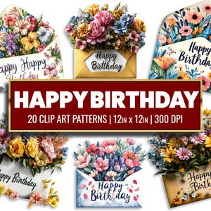 Cartão de feliz aniversário Clipart Envelope de aniversário Imprimível PNG Cartão de aniversário de flores silvestres Papel artesanal Carta de aniversário Floral Junk Diário Suprimentos