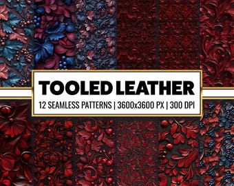 May include: Twelve seamless patterns of red, blue, and black textured leather with floral designs.  The patterns are 3600 x 3600 pixels and 300 DPI.  "Tooled Leather" is written in white text on a white rectangle.