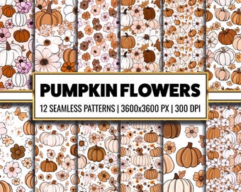 Fall Pumpkin Flowers Seamless Pattern: Autumn Digital Paper (PNG)