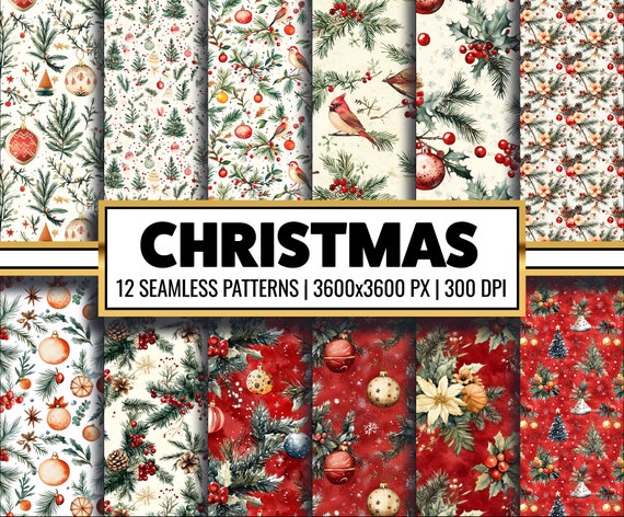 Seamless Vintage Christmas Digital Paper Winter Holiday Background Old Christmas Festive Texture for Scrapbook and Junk Journal