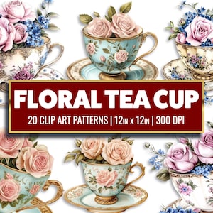 Tazza da tè floreale Clip Art Set da tè Carta digitale Acquerello Tazza da tè floreale PNG trasparente Carta stampabile Artigianato Forniture per diari spazzatura