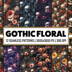Gothic Floral Seamless Pattern Dark Floral Digital Paper Vampire Scrapbook Paper Craft Skull and Raven Halloween Background