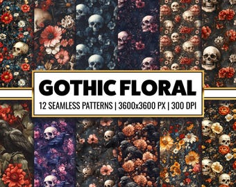 Gothic Floral Seamless Pattern Dark Floral Digital Paper Vampire Scrapbook Paper Craft Skull and Raven Halloween Background