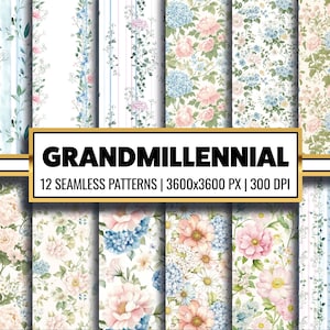 Aquarell Grandmillennial Nahtlose Muster Pastell Blumen Digital Papier Streifen Hintergrund Vintage Wallpaper Design für Scrapbooking und Journal