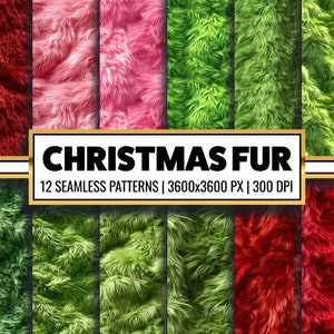 May include: A collection of 12 seamless Christmas fur patterns in various colors, including red, pink, and green. The image features a variety of textures and shades, with the text "CHRISTMAS FUR" and pattern details.